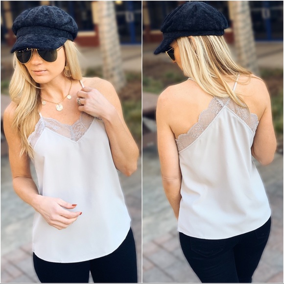 SLIP INTO THIS LACE CAMI SOLID TANK TOP-STONE - Picture 2 of 5